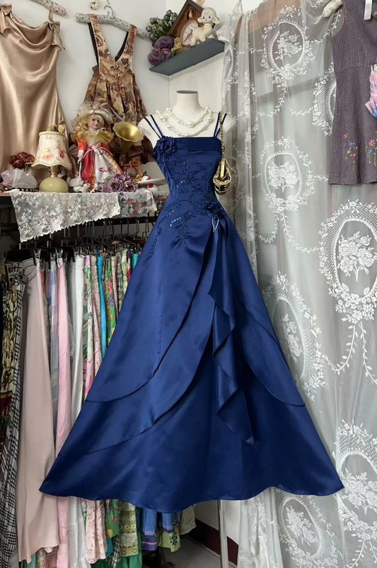 Charming Prom Dresses Ball Gown Spaghetti Strap Navy Blue Satin Floor Length Evening Outfits N3592