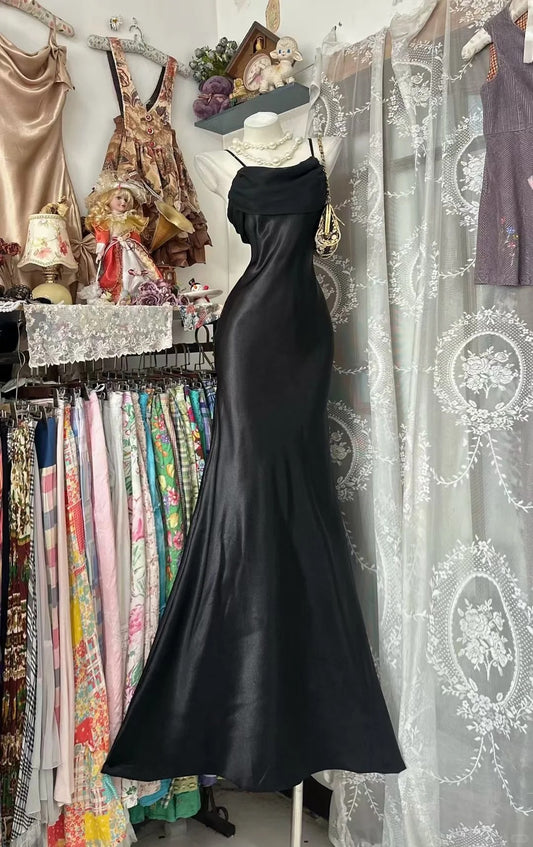 Vintage Prom Dresses Aesthetic Mermaid Spaghetti Straps Black Satin Long Inspo Formal Party Gowns N1963