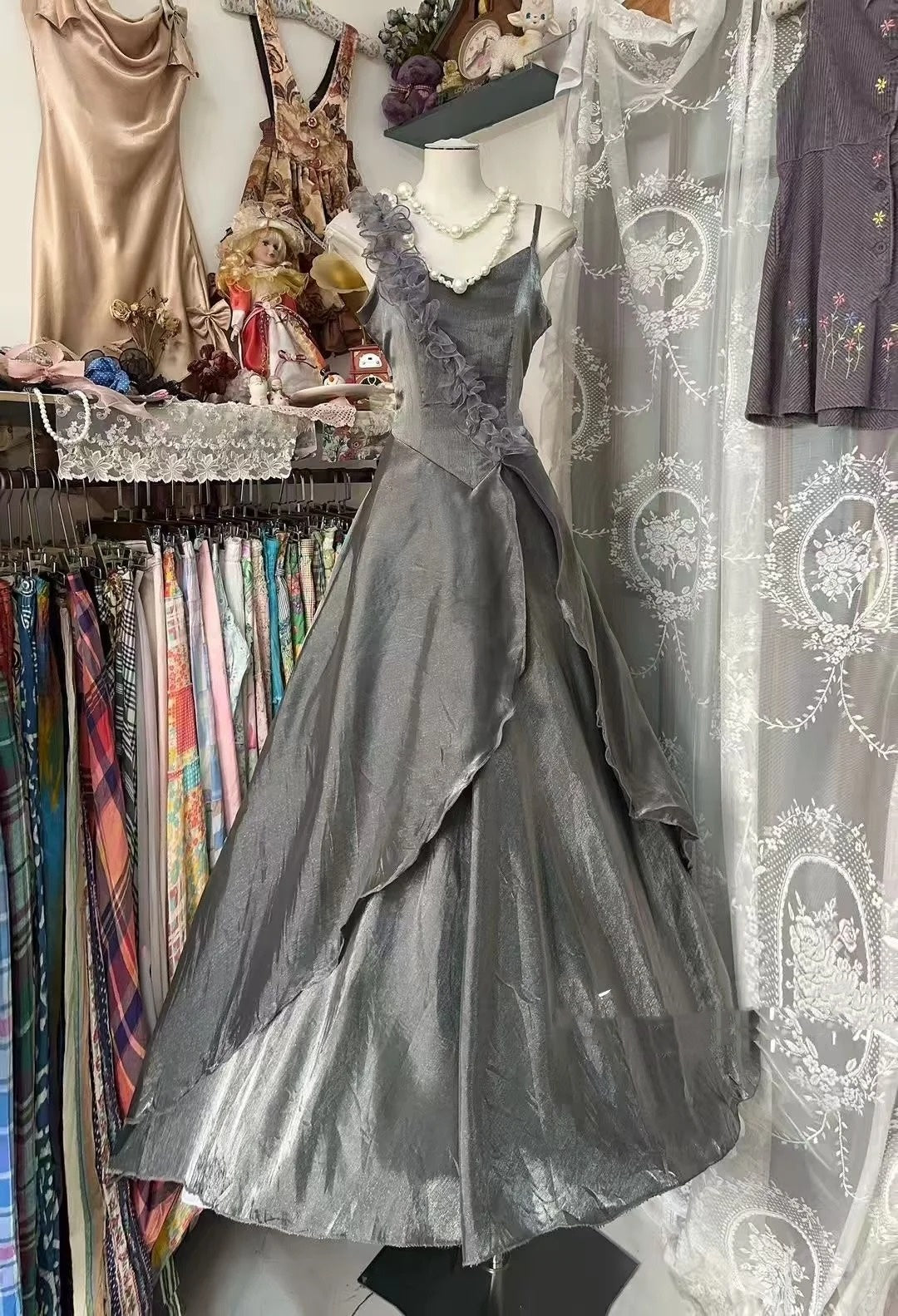 Vintage-Abendkleider, ästhetisches Ballkleid aus grauem Tüll, inspirierendes formelles Partykleid N1991