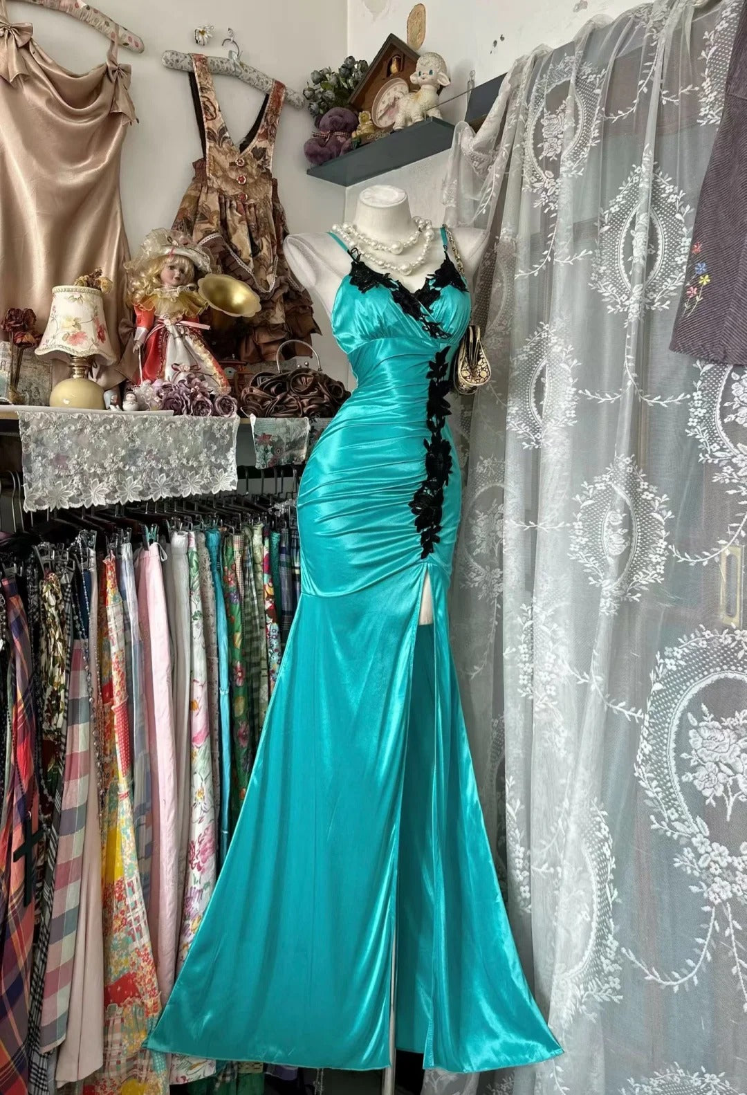 Vintage Prom Dresses Mermaid Spaghetti Straps Blue Slit Black Lace 200 ...