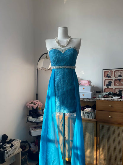 Vintage Sheath Sweetheart Blue Lace With Beading 16th Birthday Homecoming Dress Graduation Outfits RB6797