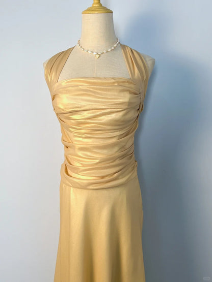 Vintage A line Halter Yellow Knee Length Chiffon Prom Dresses Formal Outfits RB3893