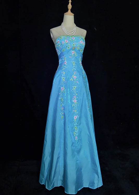 Vintage Prom Dresses Inspo A Line Strapless Blue Satin With Embroidery For Women Formal Dress N3209