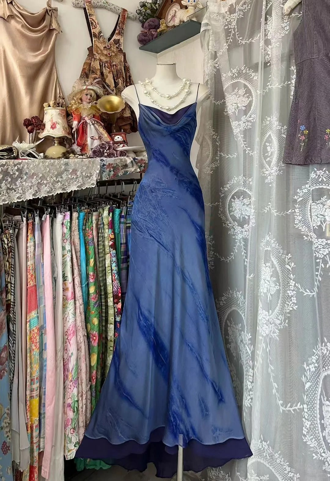 Vintage Meerjungfrauen-Spaghettiträger, 80er Jahre, marineblau, ärmelloses Partykleid, langes Ballkleid N1937