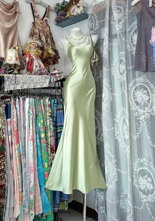 Vintage Prom Dresses Aesthetic Mermaid Spaghetti Straps Sage Green Satin Long Inspo Formal Party Gown N1964