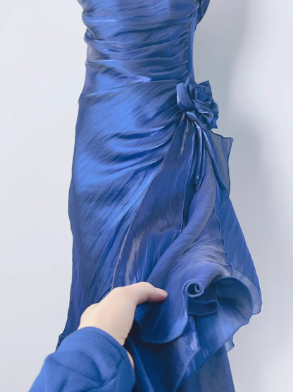 Vintage Sheath Spaghetti Strap Royal Blue Long With Ruffles Layers Prom Dresses Formal Outfits RB3900