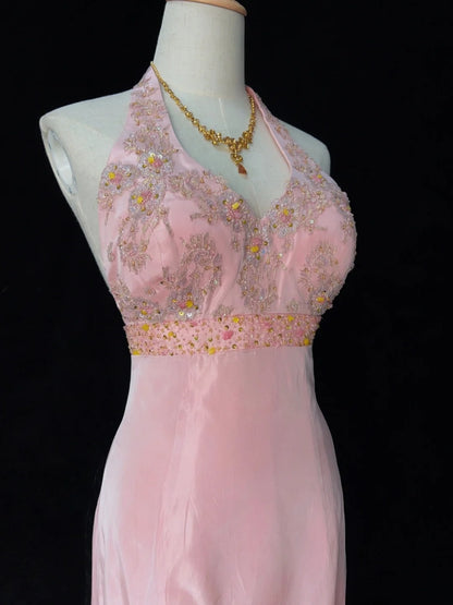 Robes de bal intemporelles ligne A, dos nu, mousseline rose avec perles, longues tenues de soirée N3205
