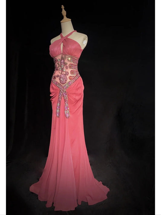 Wunderschöne Abiballkleider Meerjungfrau Neckholder Rosa Chiffon mit Perlen Lange Abendgarderobe N3399
