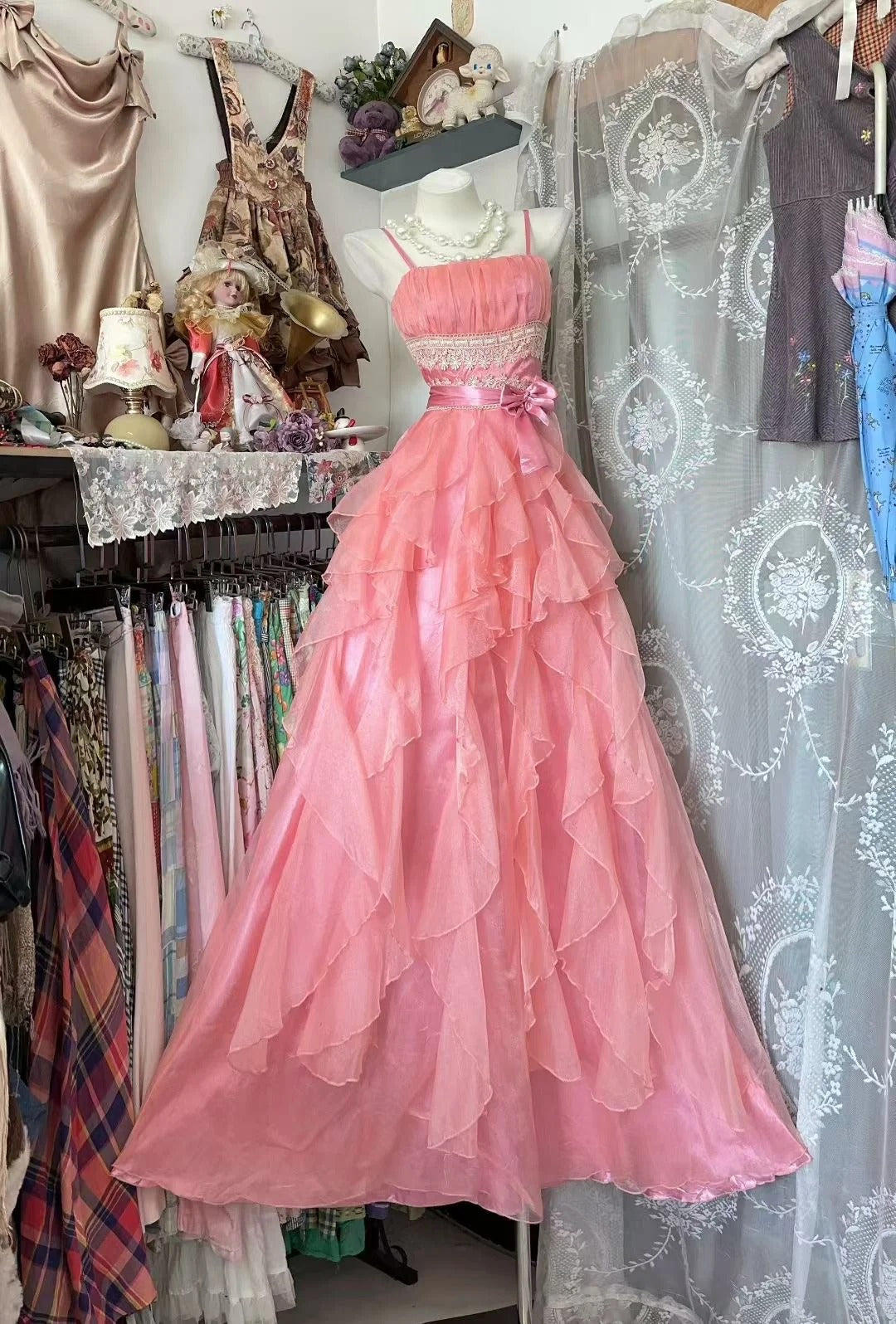 Vintage Ballkleid mit Spaghettiträgern, rosa Chiffon, formelles Abendkleid, langes Abiballkleid N1945