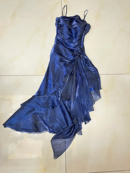 Vintage Sheath Spaghetti Strap Royal Blue Long With Ruffles Layers Prom Dresses Formal Outfits RB3900