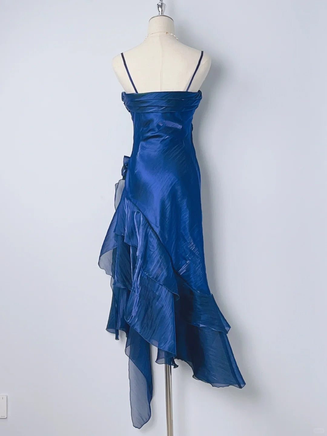 Vintage Sheath Spaghetti Strap Royal Blue Long With Ruffles Layers Prom Dresses Formal Outfits RB3900