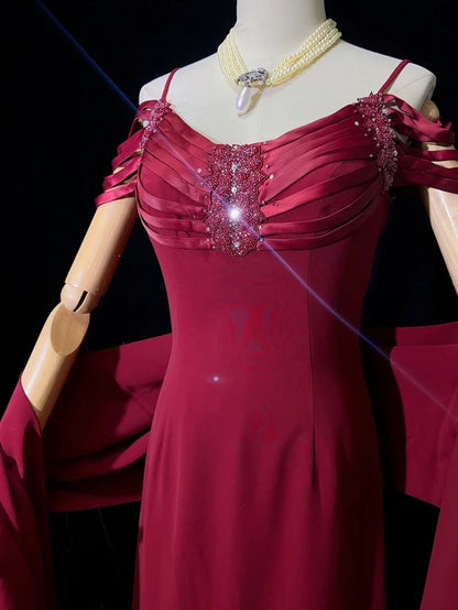 Robes de bal intemporelles en ligne A, bretelles spaghetti, mousseline bordeaux, avec cape, perles, longues tenues de soirée N3203