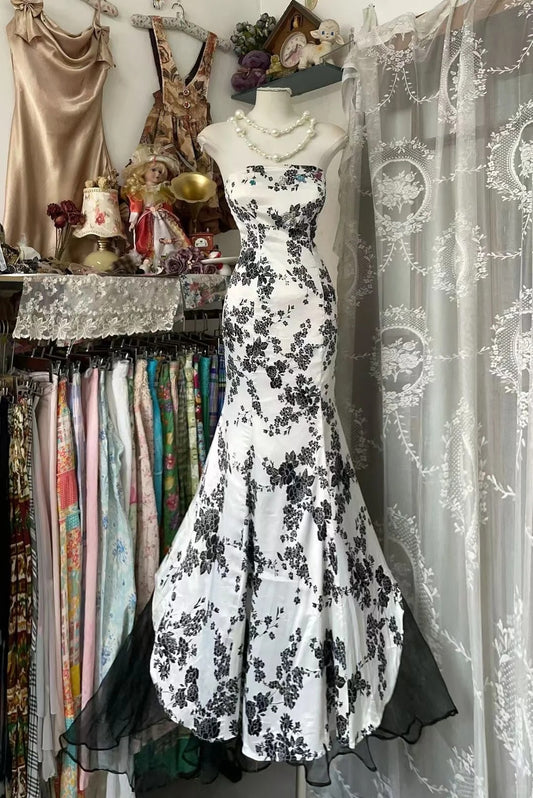 Vintage Prom Dresses Aesthetic Mermaid Strapless Floral Satin Long Inspo Formal Party Gowns N1974