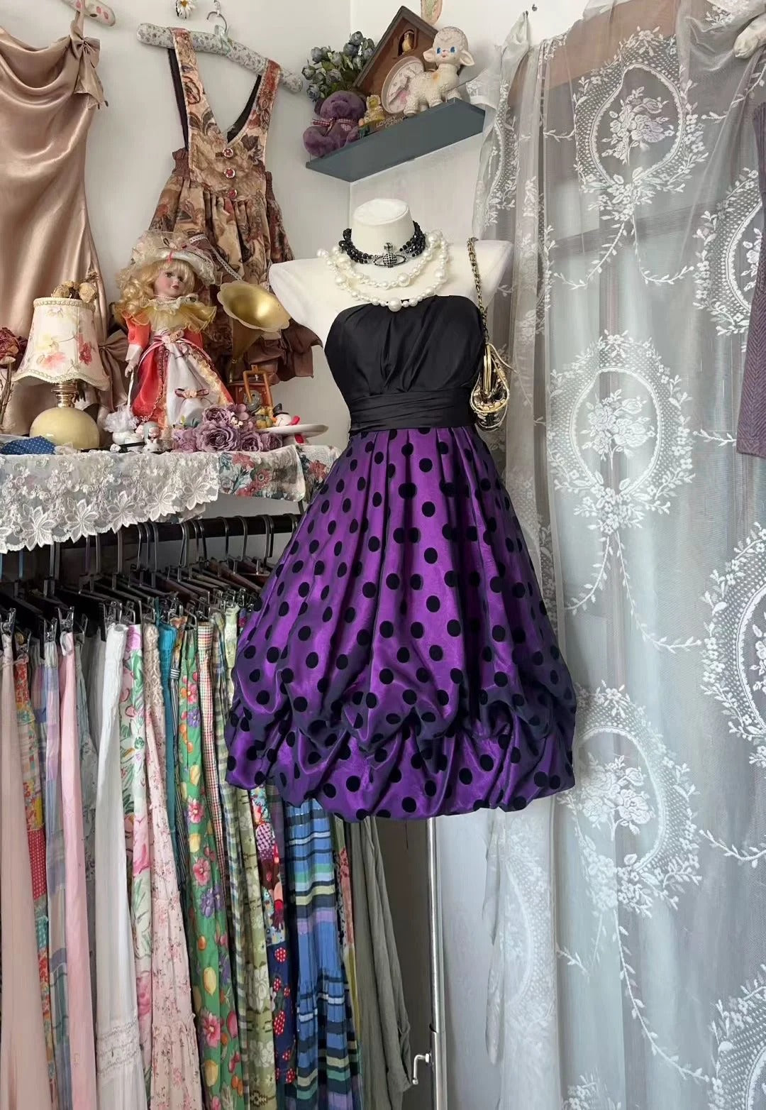 Cute Ball Gown Strapless Black Polka Dots 16th Birthday Gown Homecoming Outfits N3601
