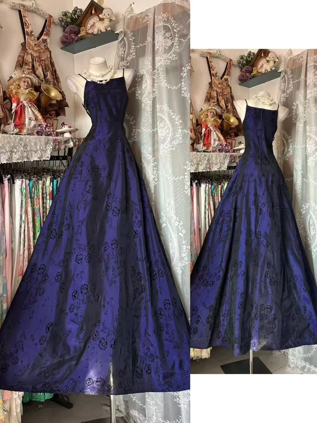 Vintage-Abendkleider, ästhetisches Ballkleid, Spaghettiträger, marineblau, lang, inspirierendes formelles Partykleid N1961