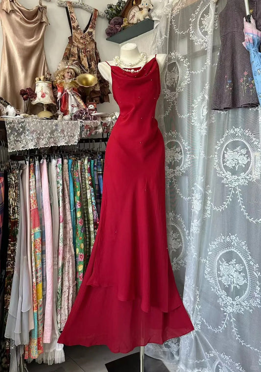 Vintage Meerjungfrauen-Kleid mit Spaghettiträgern aus den 80er Jahren, burgunderrot, Chiffon, ärmellos, Partykleid/Abendkleid N1958