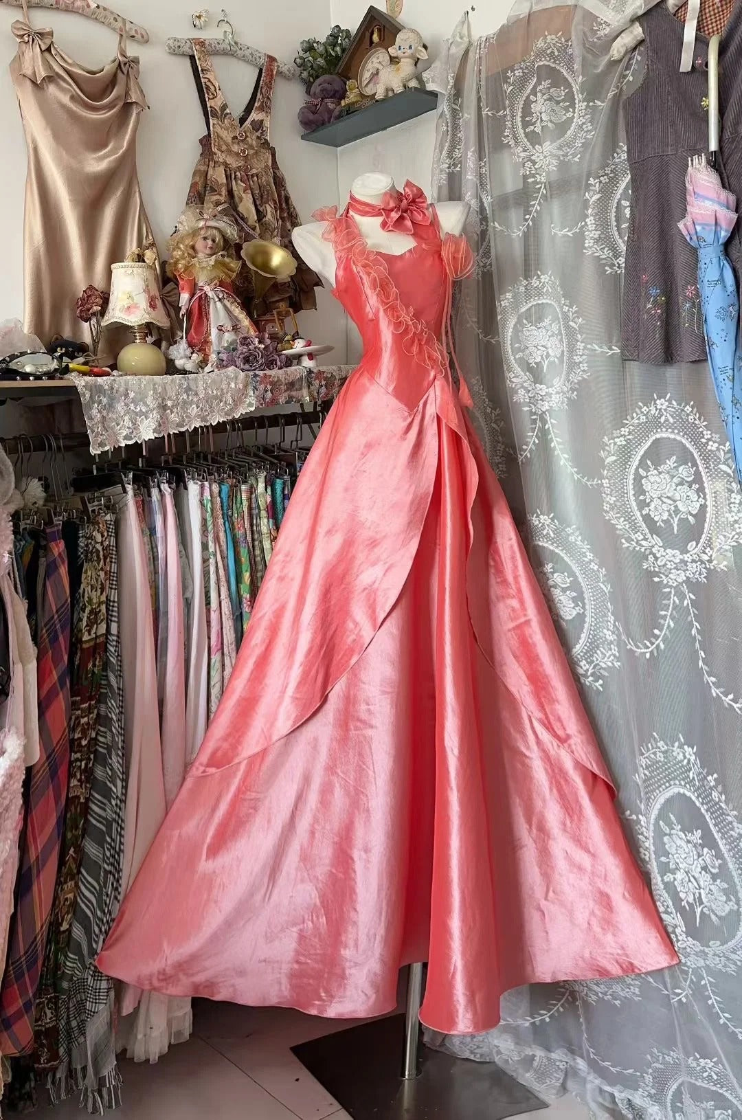 Vintage-Abendkleider, ästhetisches Ballkleid, Neckholder, lang, rosa, inspirierende formelle Partykleider N1959