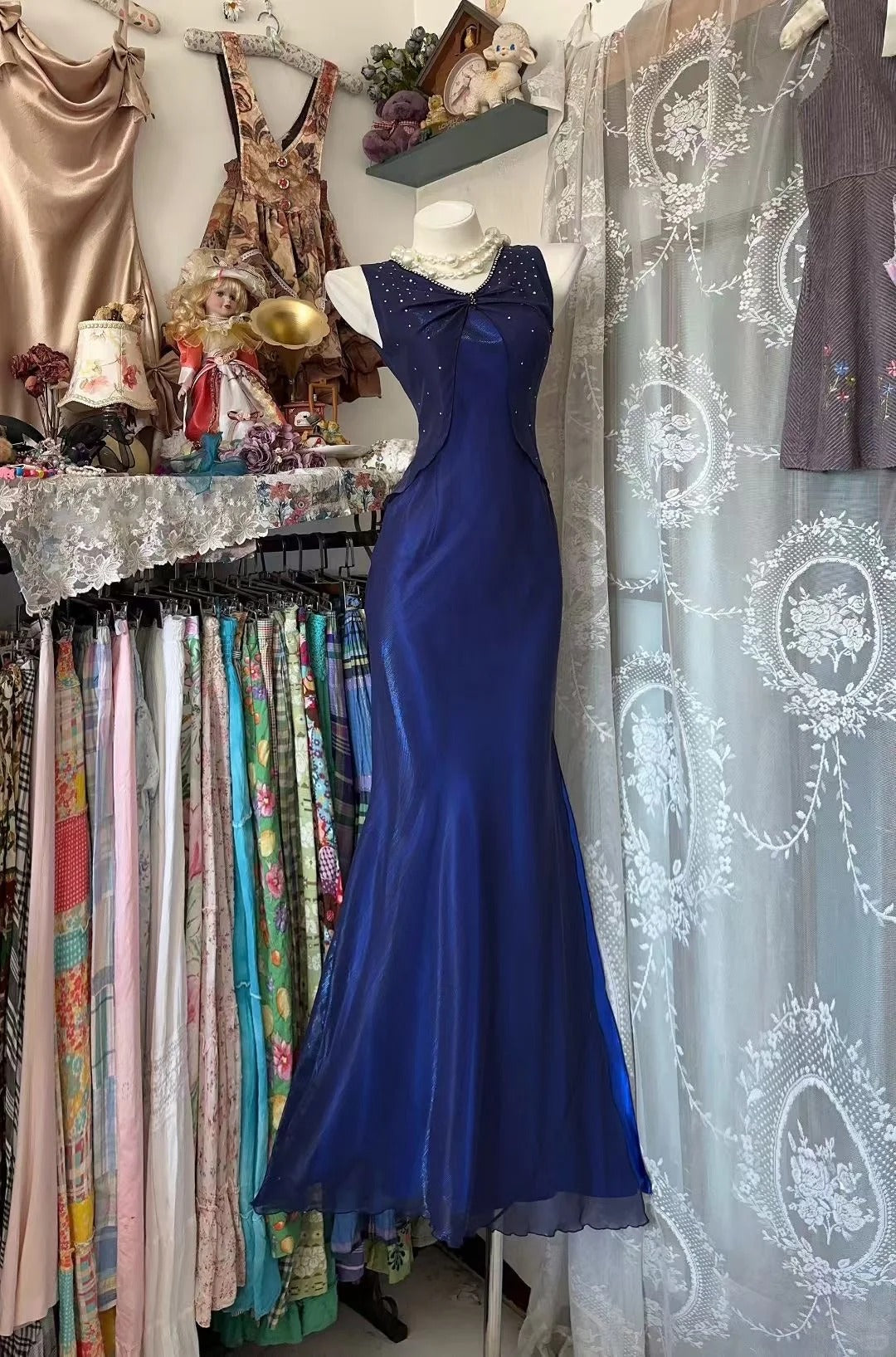 Vintage-Abendkleider, ästhetisch, Meerjungfrauen-Stil, V-Ausschnitt, Marineblau, lang, Inspiration für formelle Partykleider N1960