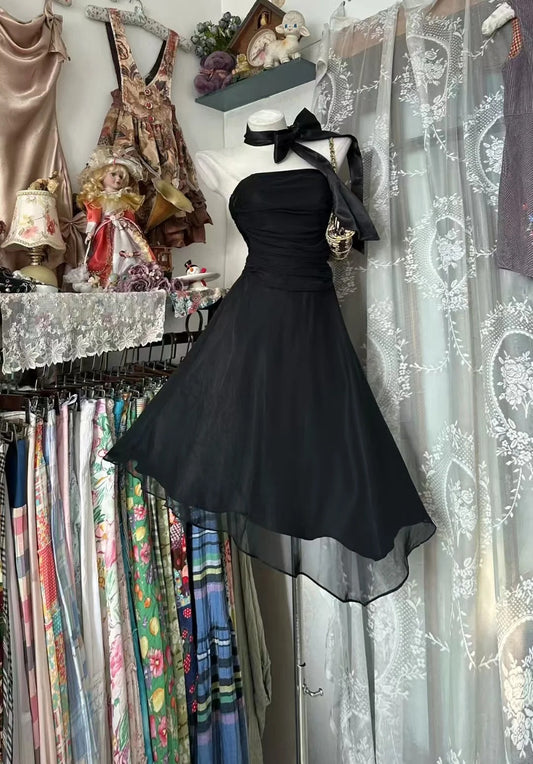 Sexy A line Strapless Little Black Chiffon Graduation Birthday Gown Homecoming Dresses N3712