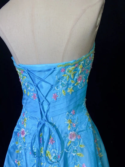 Vintage Prom Dresses Inspo A Line Strapless Blue Satin With Embroidery For Women Formal Dress N3209