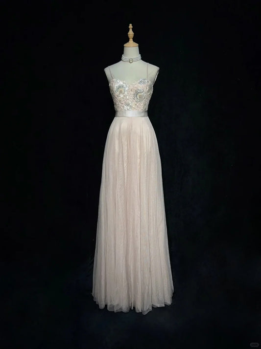 Elegant A Line Spaghetti Strap Blush Pink With Sequined Lace Formal Dress Sequin Birthday Prom Dresses N2834