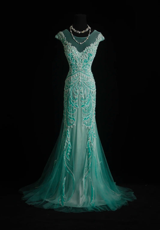 Vintage Mermaid Green Tulle Sleeveless Summer Formal For Women Girls Teens Prom Dresses N2244