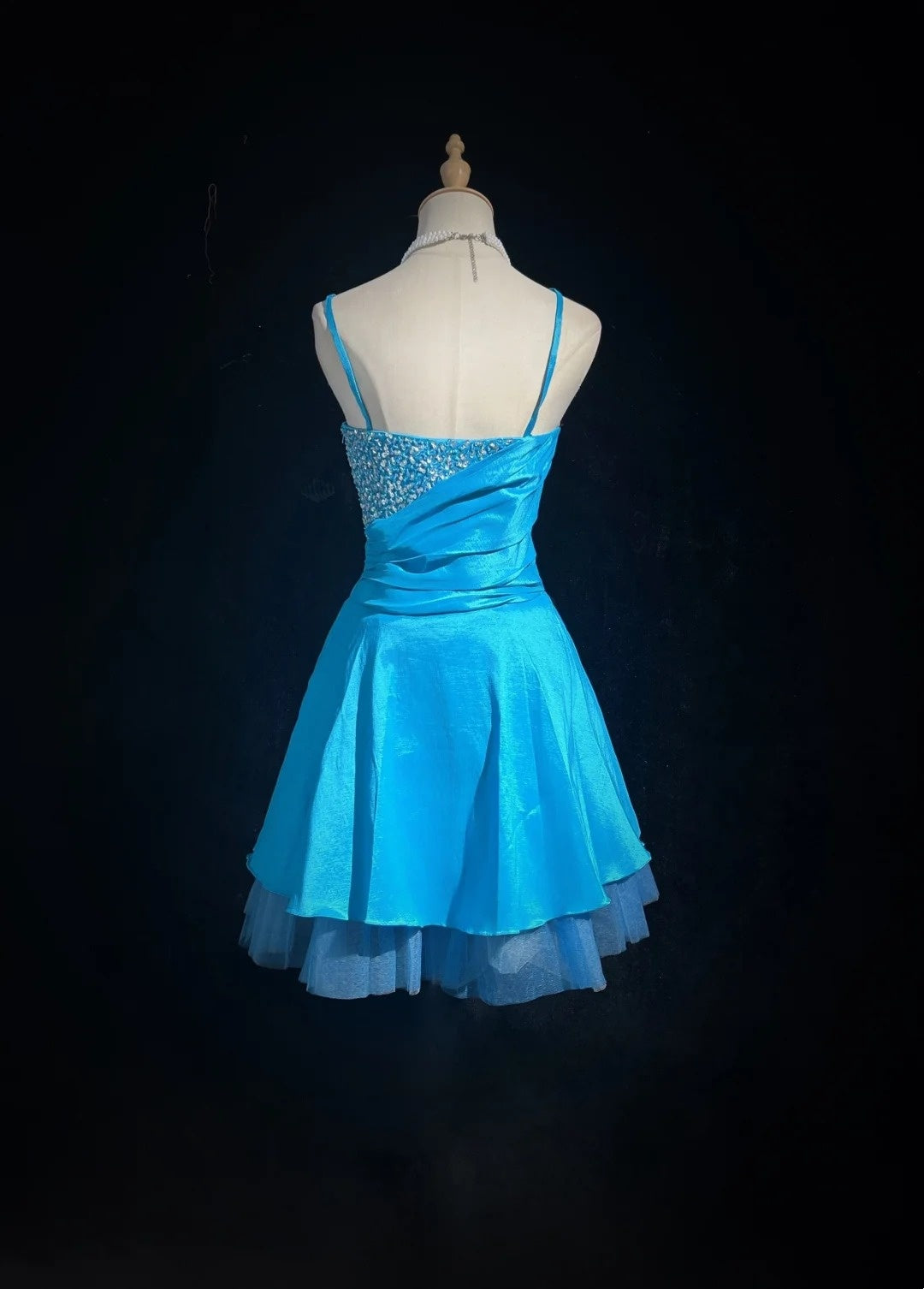 Jolie robe de soirée courte bleue à bretelles fines, avec jupe de bal, pour cocktail ou bal de promo N4218