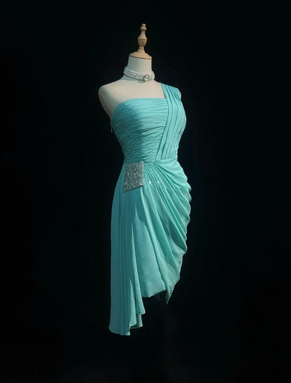 Hübsches A-Linien One-Shoulder Blaues Chiffon Kurzes Mini-Heimkehrkleid Hoco Ballkleid N2616