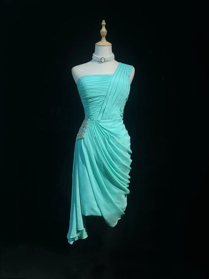 Hübsches A-Linien One-Shoulder Blaues Chiffon Kurzes Mini-Heimkehrkleid Hoco Ballkleid N2616
