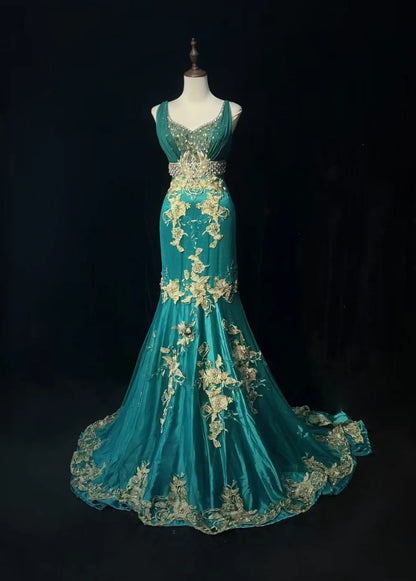 Vintage Prom Dresses 1970s Mermaid Straps Green Tulle Long With Gold Lace Prom Dresses Evening Formal Outfits RB5130