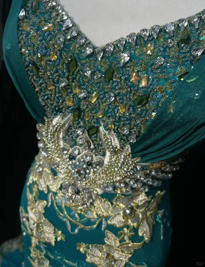 Vintage Prom Dresses 1970s Mermaid Straps Green Tulle Long With Gold Lace Prom Dresses Evening Formal Outfits RB5130