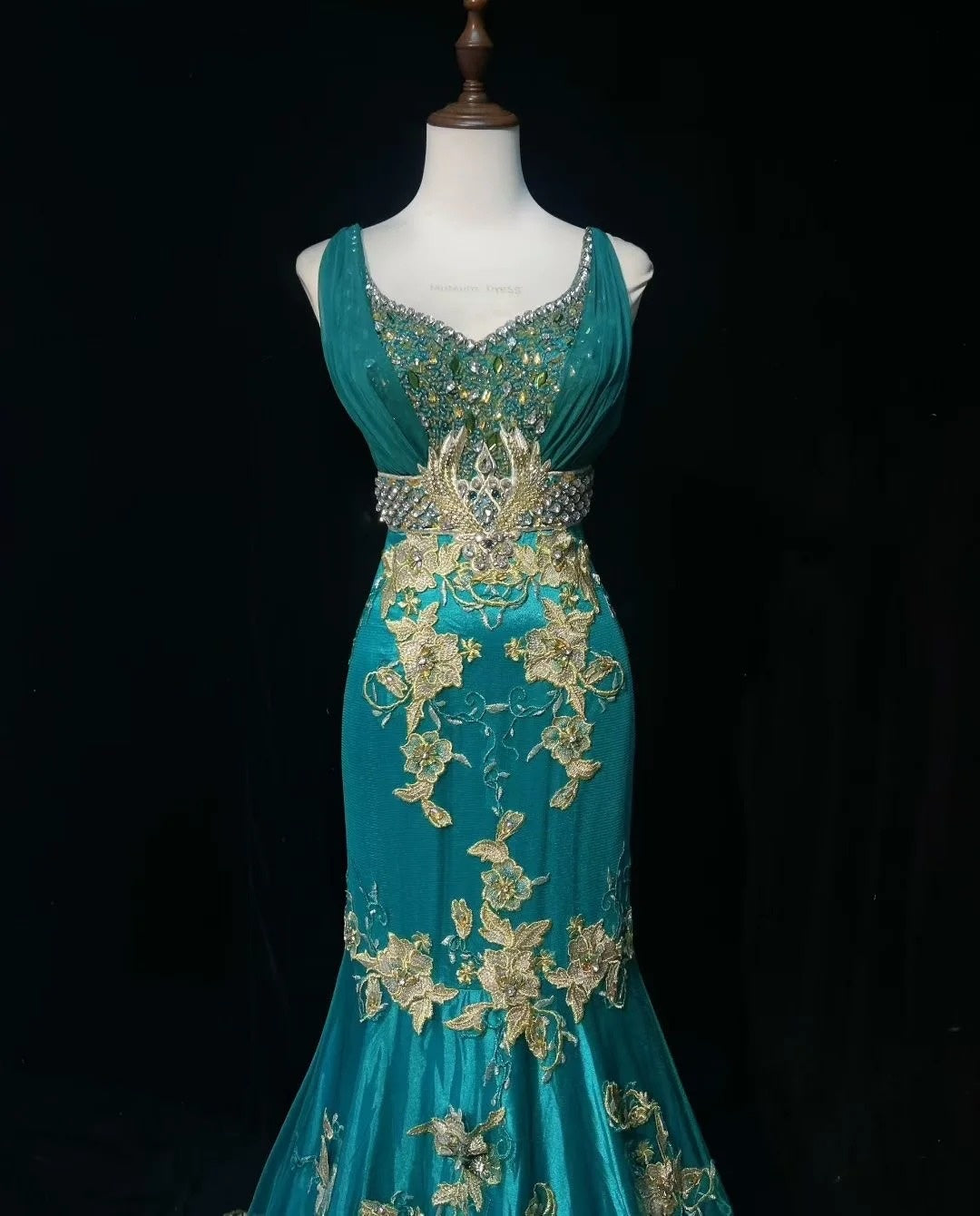Vintage Prom Dresses 1970s Mermaid Straps Green Tulle Long With Gold Lace Prom Dresses Evening Formal Outfits RB5130