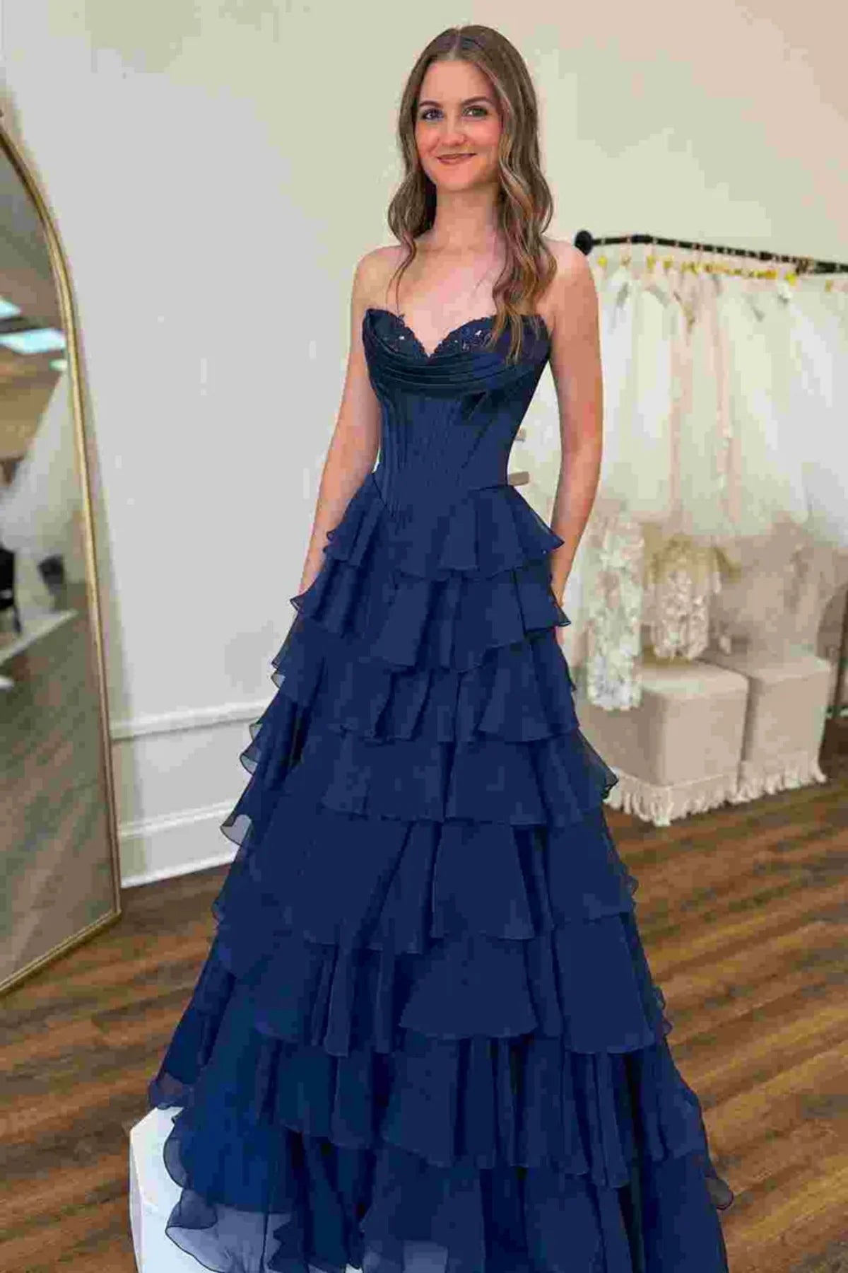 A line Dark Navy Strapless Pleated Prom Dresses With Ruffle Evening Dress AB687