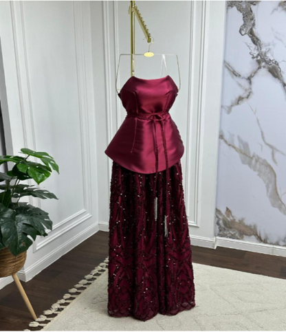 Robe de bal longue en satin bordeaux à sequins, coupe trapèze élégante, sans bretelles, sans manches, inspiration DH2936