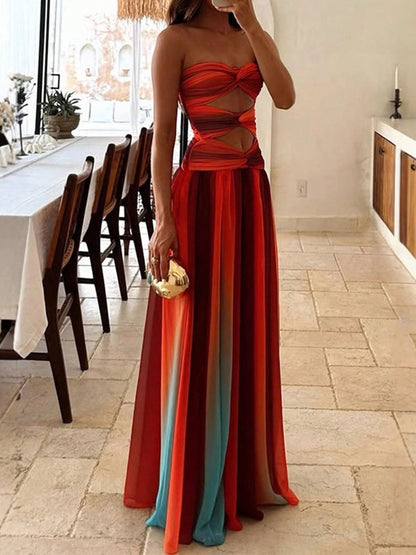 Robe Longue Femme Tie Dye Col Bateau Dégradé Creux Robe de Soirée d'Été N2349