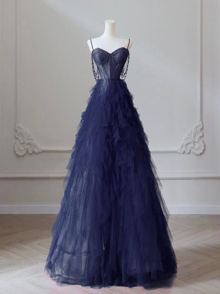 Langes, dunkelblaues A-Linien-Abendkleid mit Herzausschnitt aus Tüll, langes dunkelblaues Abschlusskleid mit Perlen AB691