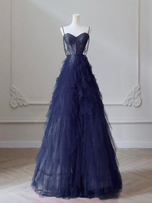 Langes, dunkelblaues A-Linien-Abendkleid mit Herzausschnitt aus Tüll, langes dunkelblaues Abschlusskleid mit Perlen AB691