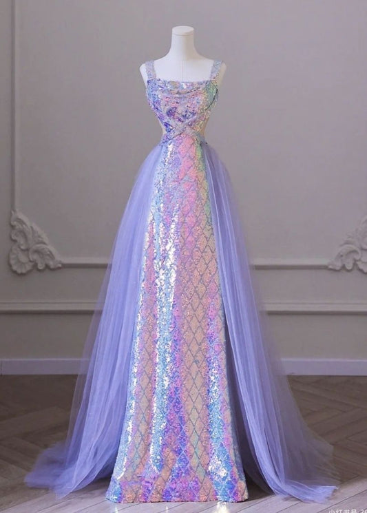 Shinning Mermaid Square Neck Lilac Sequins For Women Party Dresses Long Formal Prom Dresses 20th Birthday Gown AB1332