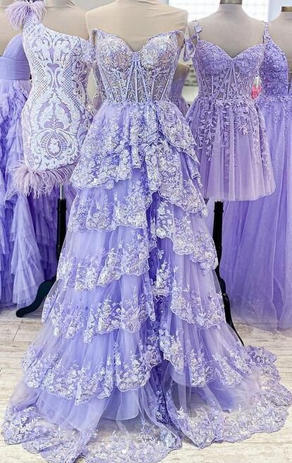 A-Line Lace Off-the-Shoulder Tiered Long Prom Dress with Slit Formal Evening Gowns AB501