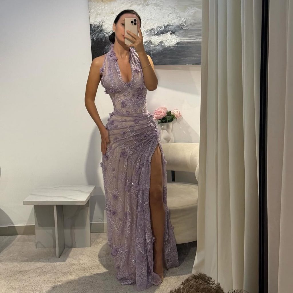 Stunning Lavender Gown With A Halter Neckline Mermaid Prom Dresses 2026 Formal Evening Gowns AB495