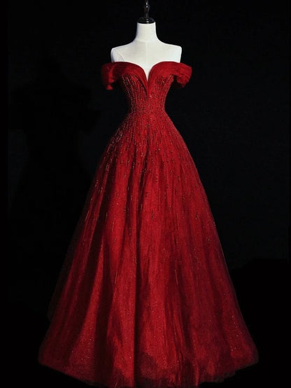 Glänzendes Ballkleid aus rotem Tüll mit Perlen, schulterfrei, für Damen, Partykleider, lange formelle Ballkleider, Kleid zum 22. Geburtstag AB1328