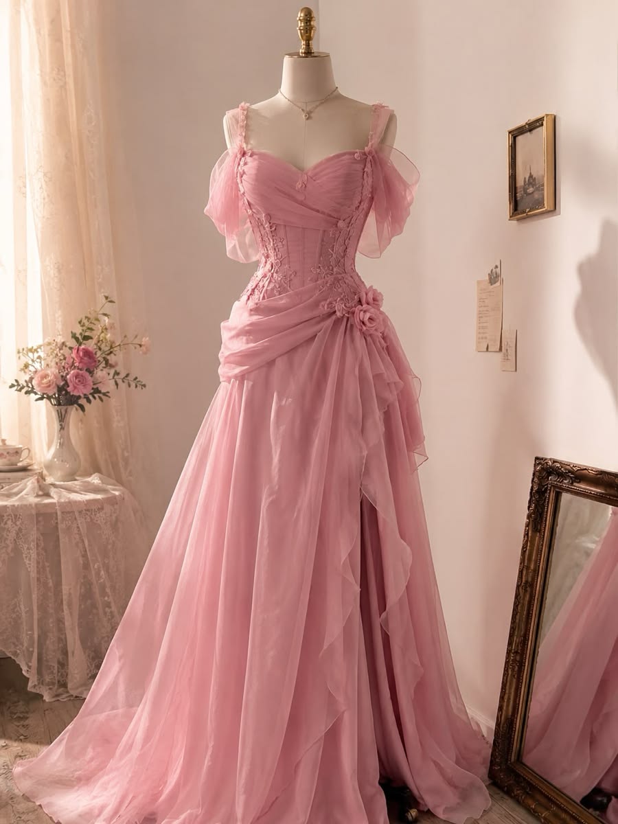 Elegant A Line Straps Pink Lace With Appliqued Slit Perfection-Formal Goals Nigh Evening Long Prom Dress Party Outfits RB6753