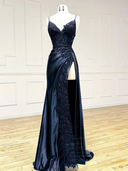 Robe de bal longue sirène bordeaux à fines bretelles et col en V en satin et dentelle AB138