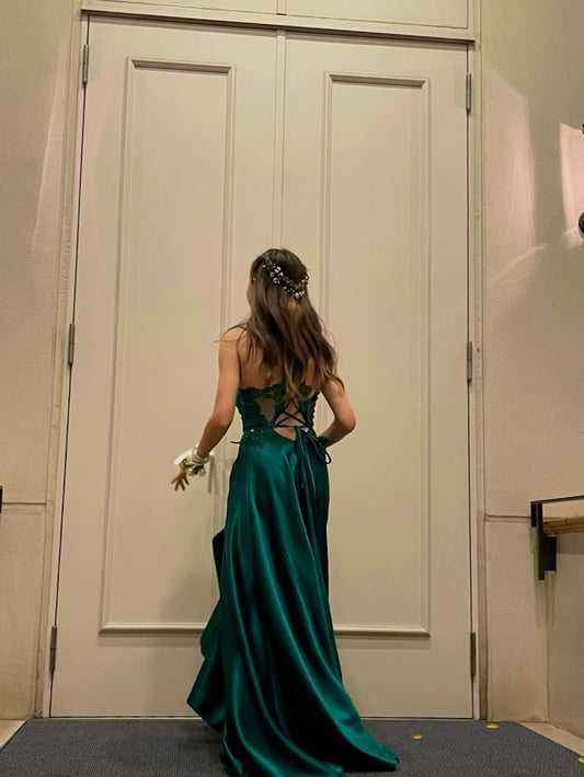 Modest A line Spaghetti Strap Dark Green Satin Prom Dresses Long for Women Formal Evening Gown AB162