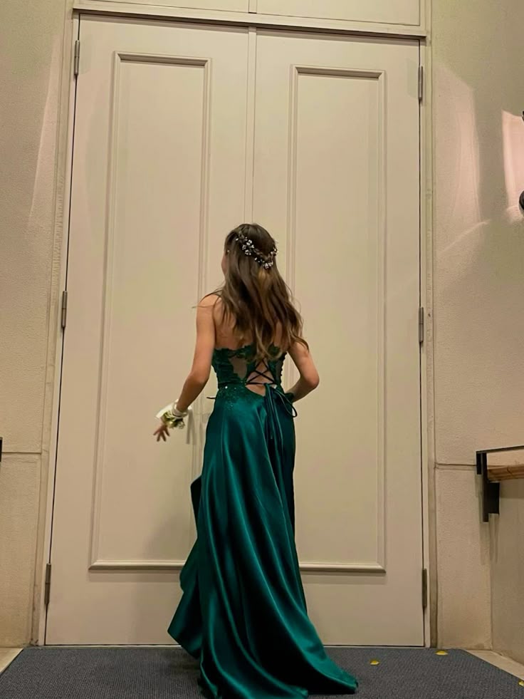 Modest A line Spaghetti Strap Dark Green Satin Prom Dresses Long for Women Formal Evening Gown AB162