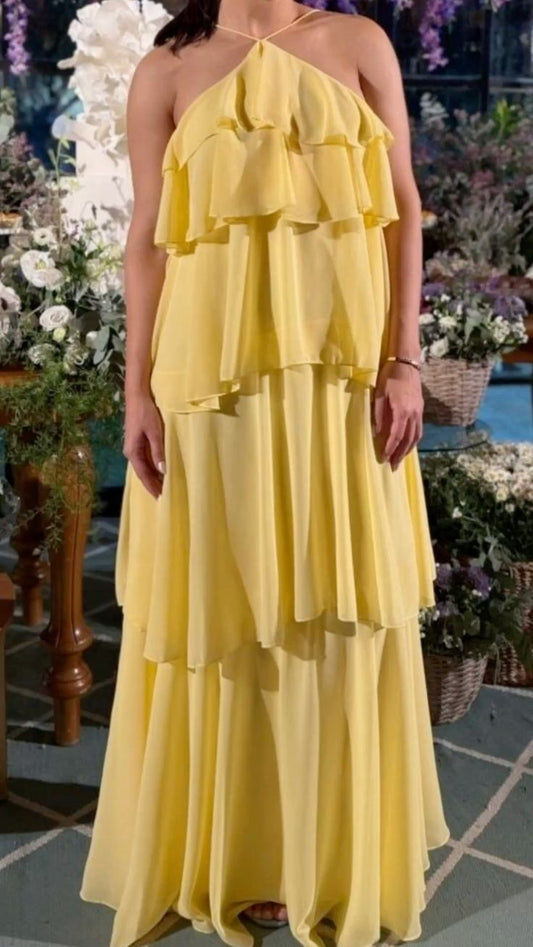 Modest A Line Halter Yellow Chiffon Prom Dresses Inspo Simple Long Prom Gowns AB252