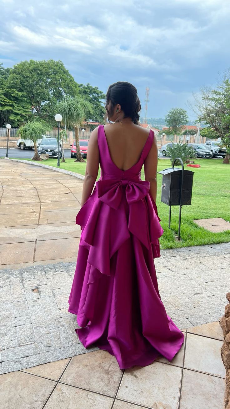 Modest A Line Satin Fuchsia Open Back With Bow Prom Dresses Long for Women Formal Evening Gown AB178
