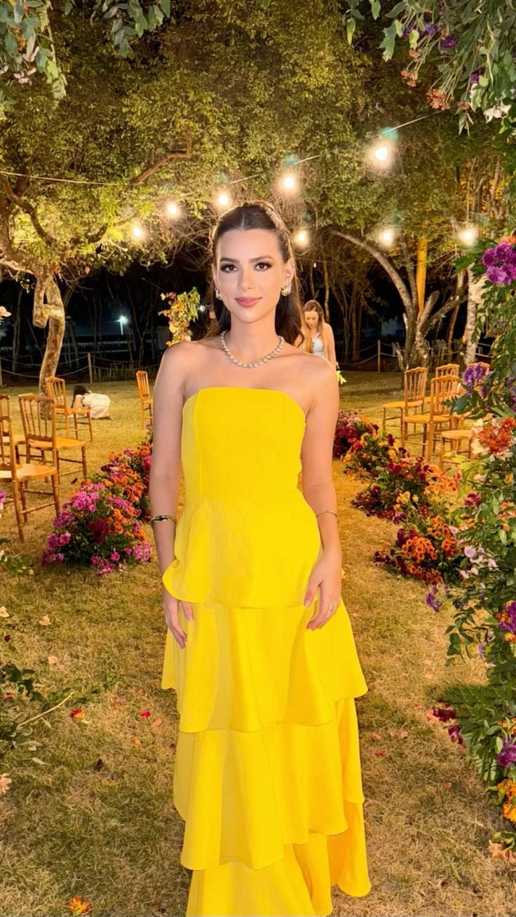 Robe de bal longue en mousseline jaune satinée, sans bretelles, coupe trapèze, pour femme, robe de soirée formelle AB187