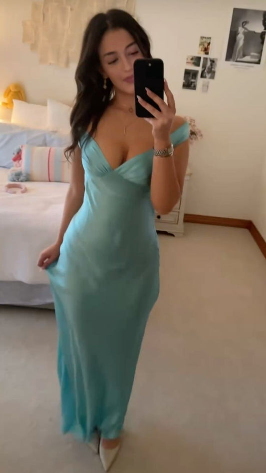 Modest Night Aesthetic Mermaid V Neck Blue Satin College Formal Outfit Long Prom Graduation Dresses For Teens N1140