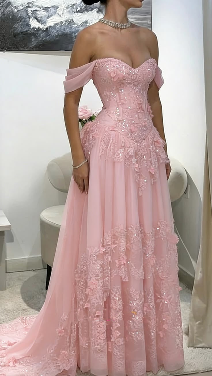 Elegant A Line Off The Shoulder Pink Lace With Appliqued Perfection-Formal Goals Nigh Evening Long Prom Dress Party Outfits RB6752